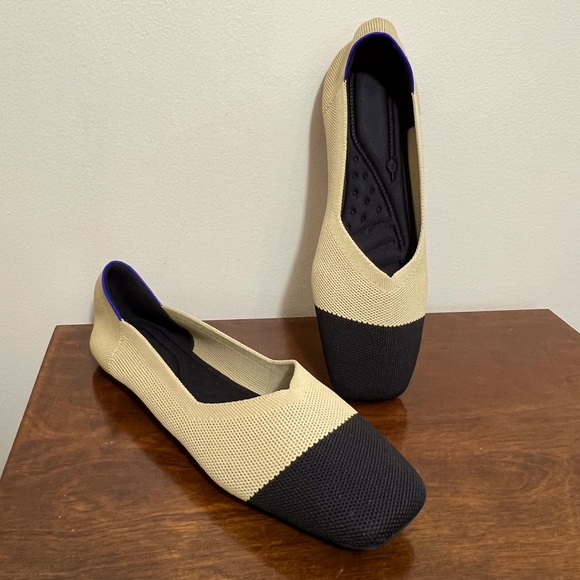 New tan and black color block square toe knit slip on flats size 8.5 - Picture 2 of 13